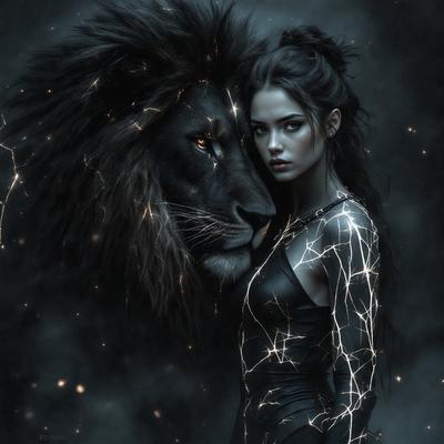 The primary subject of the image is a woman standing next to a lion. The setting appears to be a dark, possibly stormy, environment. The visual style of the image is a digital art or illustration, with the woman and lion depicted in a dramatic and captivating manner. The colors and mood of the image are predominantly dark, with the woman and lion being the main focus, creating a sense of intensity and power.